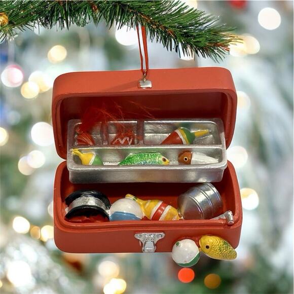 Miniature Fishing Tackle Box Ornament Red Resin Bobbers Lures Fish Decor 3.5" - Picture 2 of 9